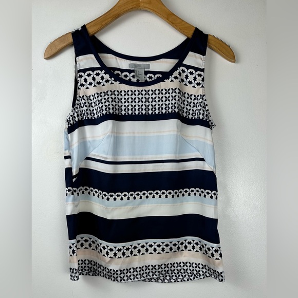 H&M Women’s Tank Top Size 2 Navy Blue White Geometric Stripe Sleeveless Blouse - Picture 1 of 6